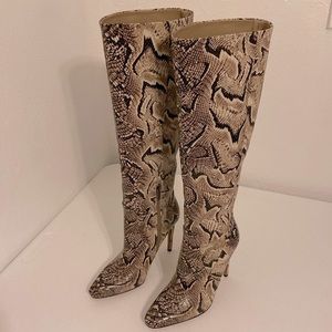 Vince Camuto Leather Snakeskin Knee High  Brown Tan Heel Boots  Size 5M